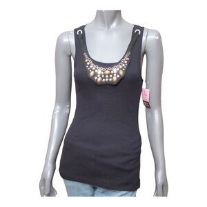 Love on a Hanger Womens Tank Top Black Beaded Bib Neck Sleeveless XL Jrs New